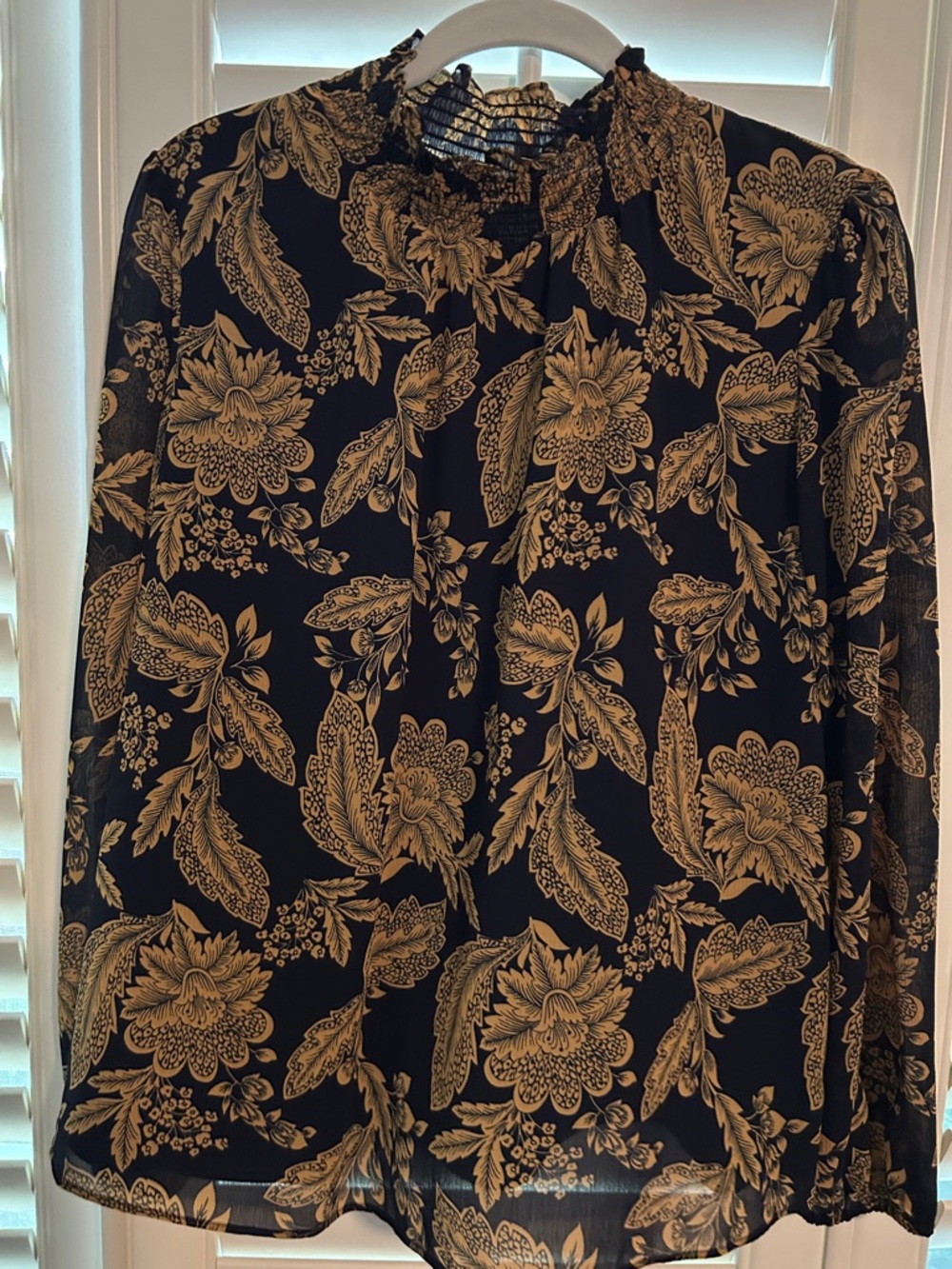 J. Crew Black and Gold Floral Long-Sleeve Blouse